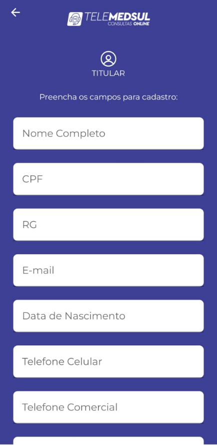 Tela de cadastro do Aplicativo Telemedsul